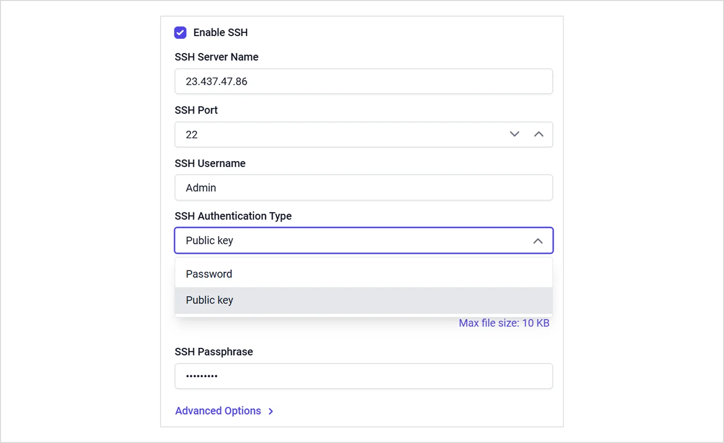 SSH tunnel configuration.