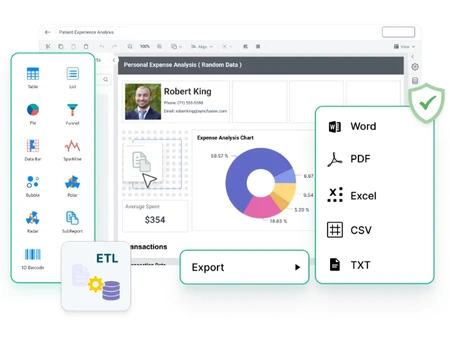 Self-service reporting product interface with export options