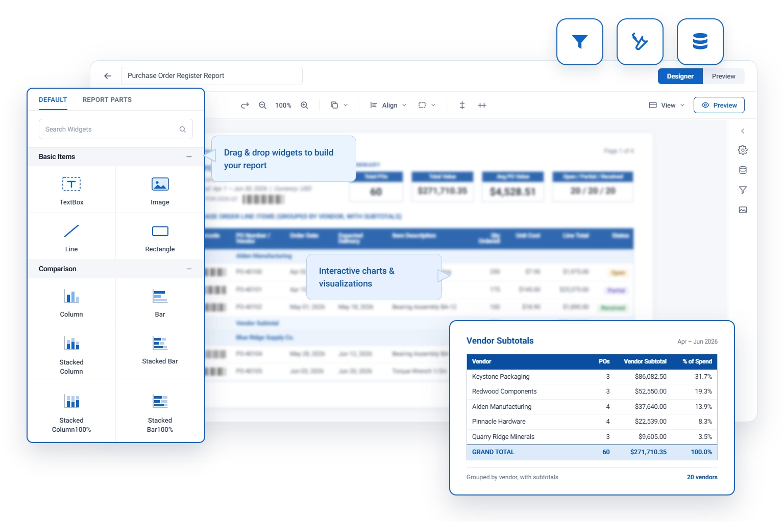 Build and customize purchase order register report
