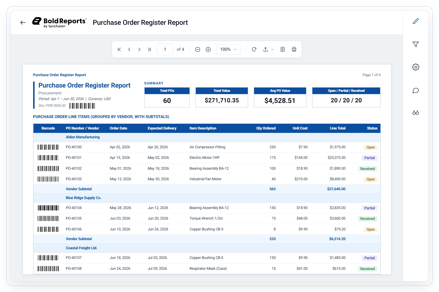 Purchase order register report
