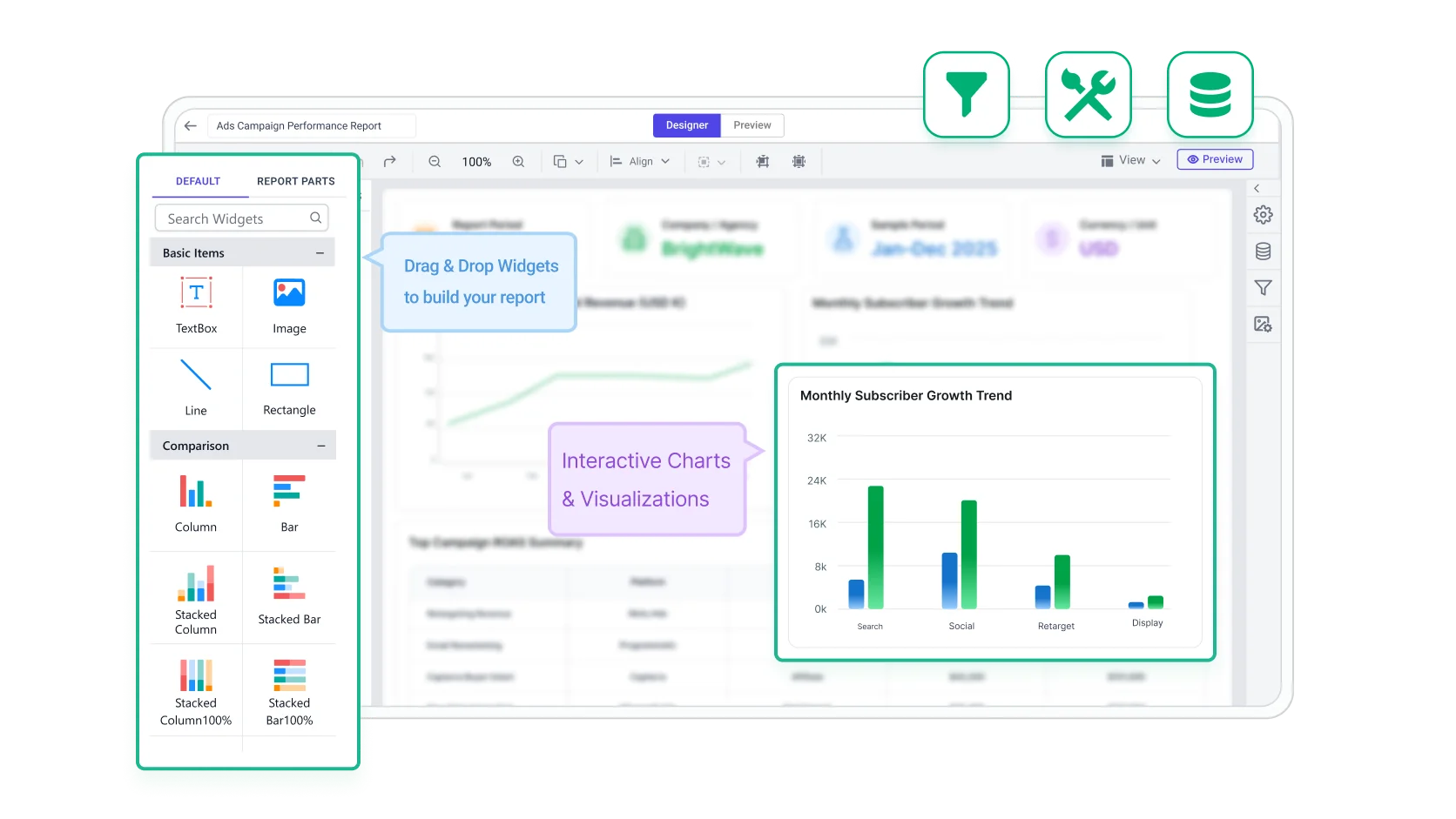 Build and customize ads campaign performance report