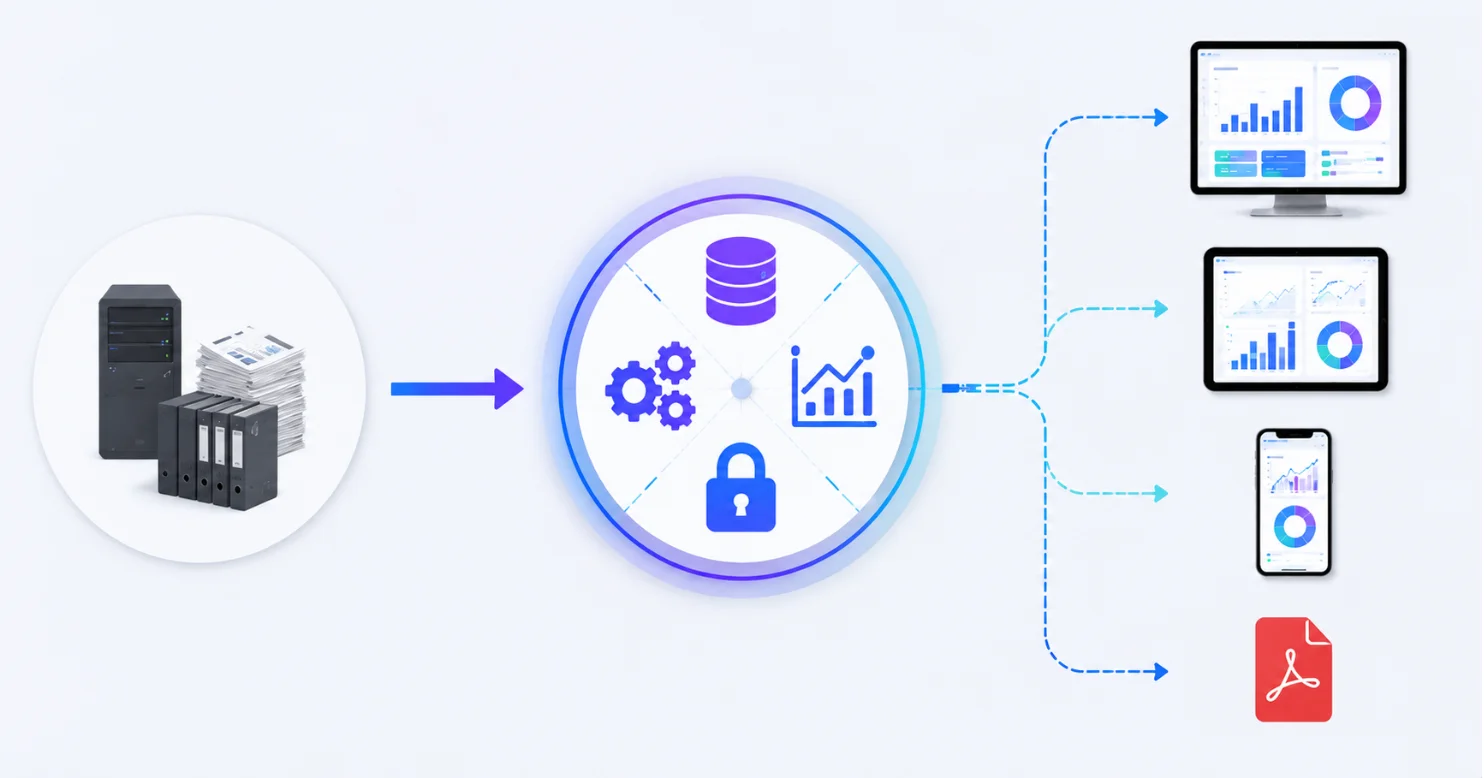 Diagram showing data processed through a secure SSRS system and delivered.