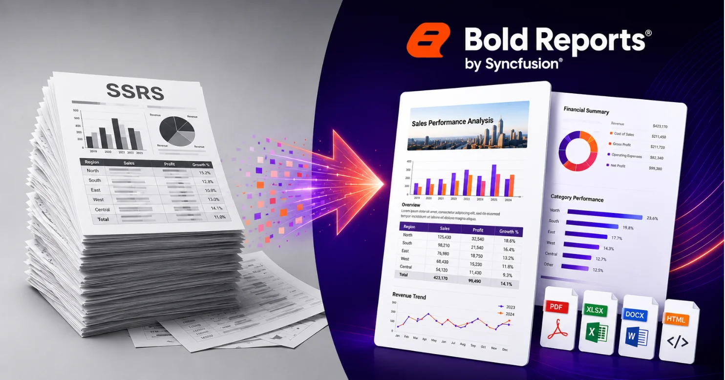 A stack of SSRS reports transforming into modern reports in Bold Reports.